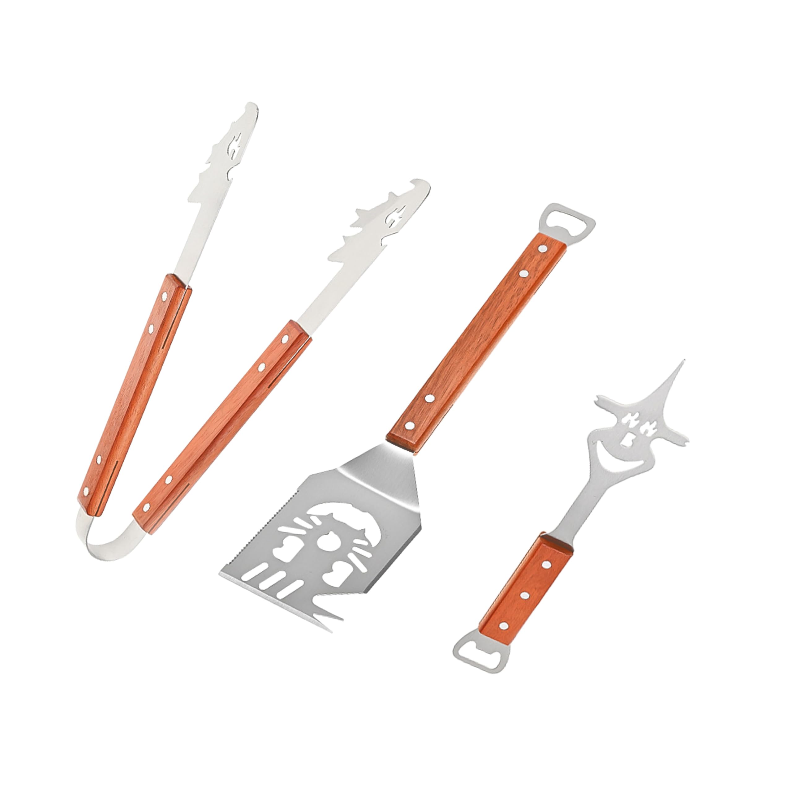 Set Utensili Barbecue 3 Pezzi in Acciaio Inox con Manici in Legno, Accessori BBQ con Paletta, Pinza e Forchettone, per Barbecue, Campeggio e Cucina
