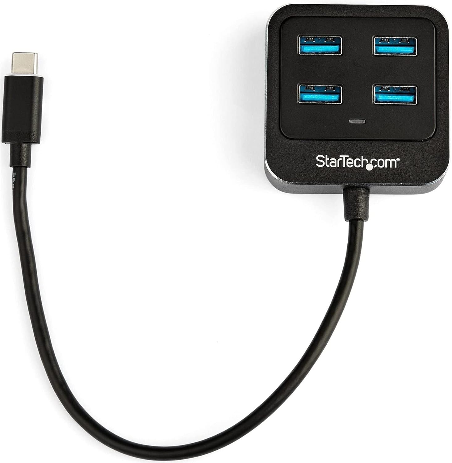 De dalt a baix view of the StarTech.com 4-Port USB-C Hub (HB31C4AB) showing the four USB-A ports and the integrated USB-C cable.