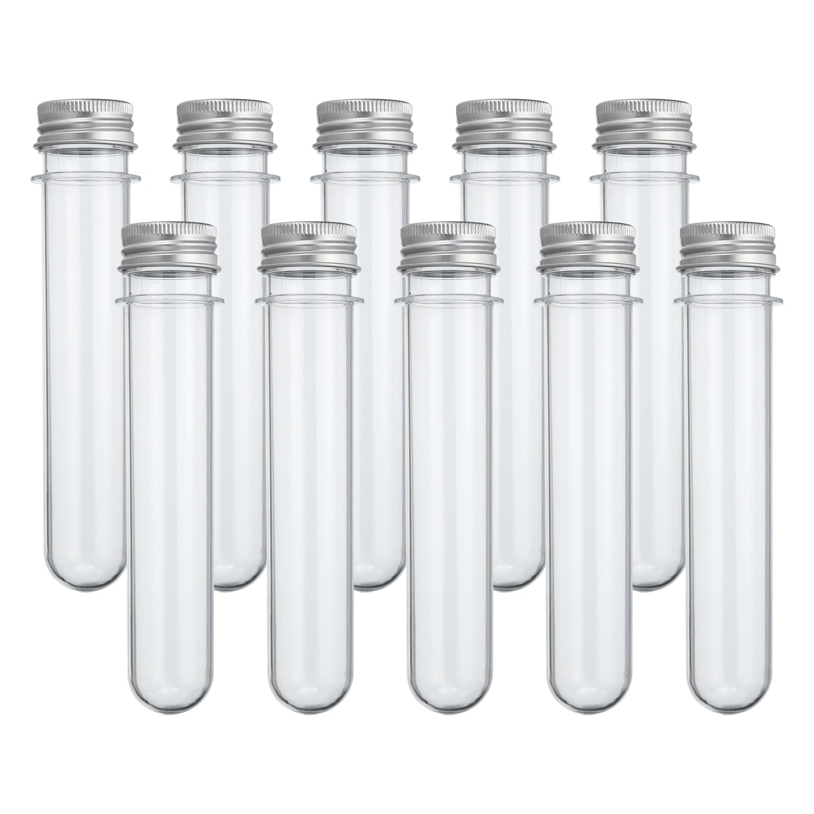 PATIKIL Set 100 Provette In Plastica Trasparente 75x12mm Con Tappo Arancione E Imbuti – Per Perline, Caramelle, Esperimenti E Campioni