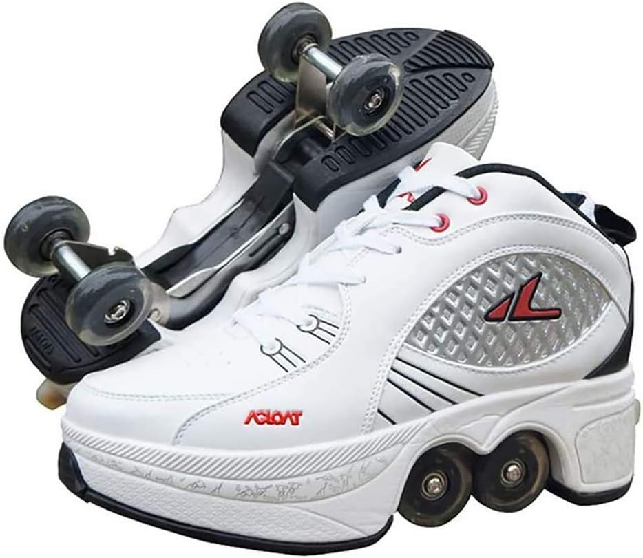 Double-Row Deform Wheel Automatic Walking Shoes Invisible Deformation Roller Skate 2 in 1 Removable Pulley Skates Skating Rollerskates Outdoor Parkour Shoes with Wheels for Girls Boys,White,US 6.5