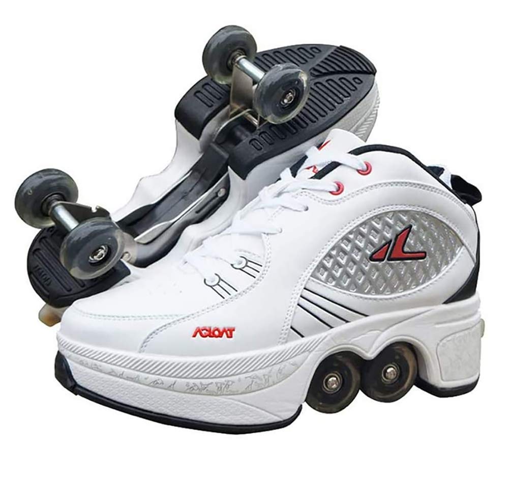 Double-Row Deform Wheel Automatic Walking Shoes Invisible Deformation Roller Skate 2 in 1 Removable Pulley Skates Skating Rollerskates Outdoor Parkour Shoes with Wheels for Girls Boys,White,US 6.5