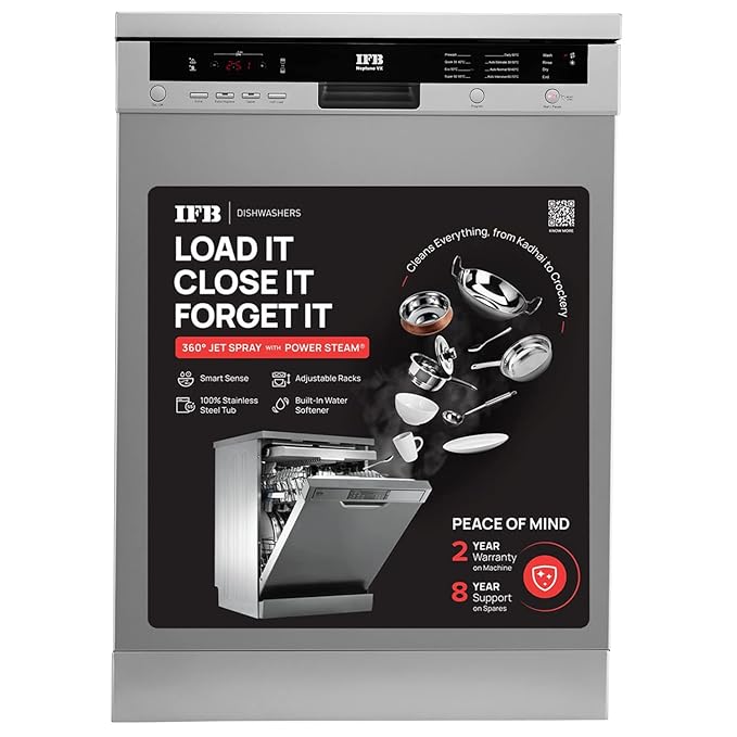 IFB 12 Place Settings Hot Water Wash Free Standing Dishwasher (Neptune VX, Dark Silver, In Built Heater with Hygienic Steam Drying, Perfect for Indian