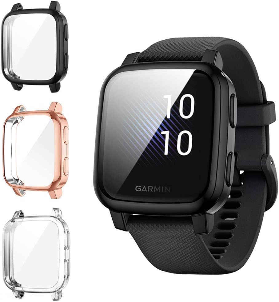 DiruiteDiruite 3-Pack for Garmin Venu SQ/Venu Sq Music Screen Protector Case, flexible TPU full protection screen protector [anti-stain] [scratch-resistant]-Clear+Black+Rose gold