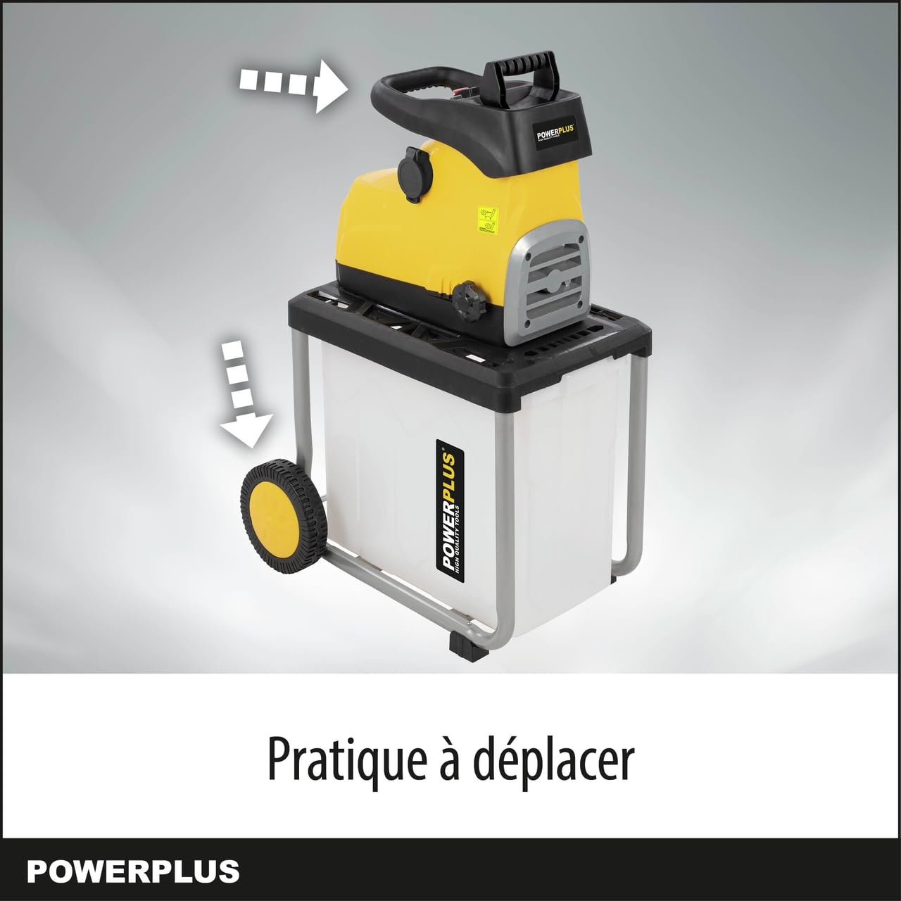 Powerplus Broyeur de Végétaux Électrique POWXG6462-2800 W, Max. Ø45 mm, Poussoir, Roues et Sac de Ramassage de 60 l Inclus