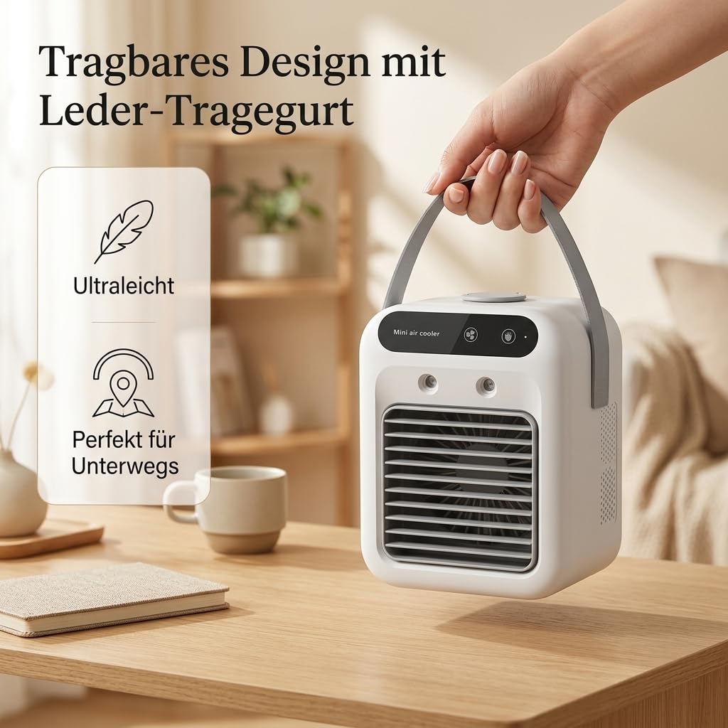 USB Mini Luftkühler mit 500ml Wassertank – Tragbarer Air Cooler mit 10h Kühlung – Leiser Tischventilator mit Befeuchtung – 2 Geschwindigkeiten – Für Zuhause, Büro & Reisen