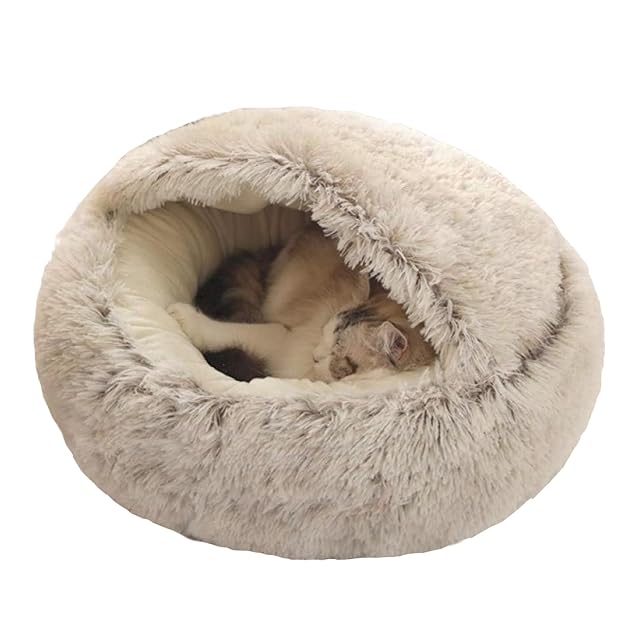 Ndier Cama para gatos redonda de felpa suave con capucha para interior de invierno, cálido cojín para dormir