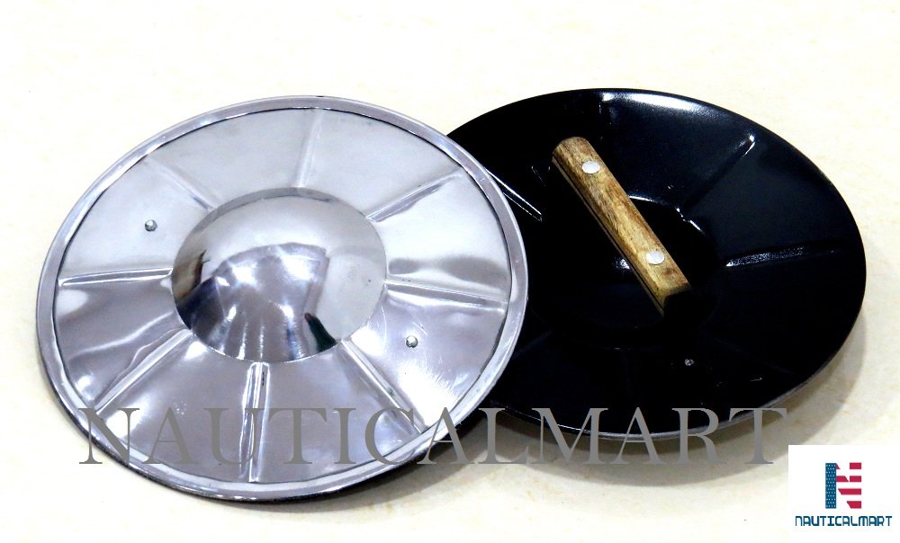 NauticalMartPolished Medieval Fluted Buckler Shield Combat Functional Armor LARP Reenactment 16 Guage Steel Round Shield with Wooden Handle Bettle Ready Buckler Shield