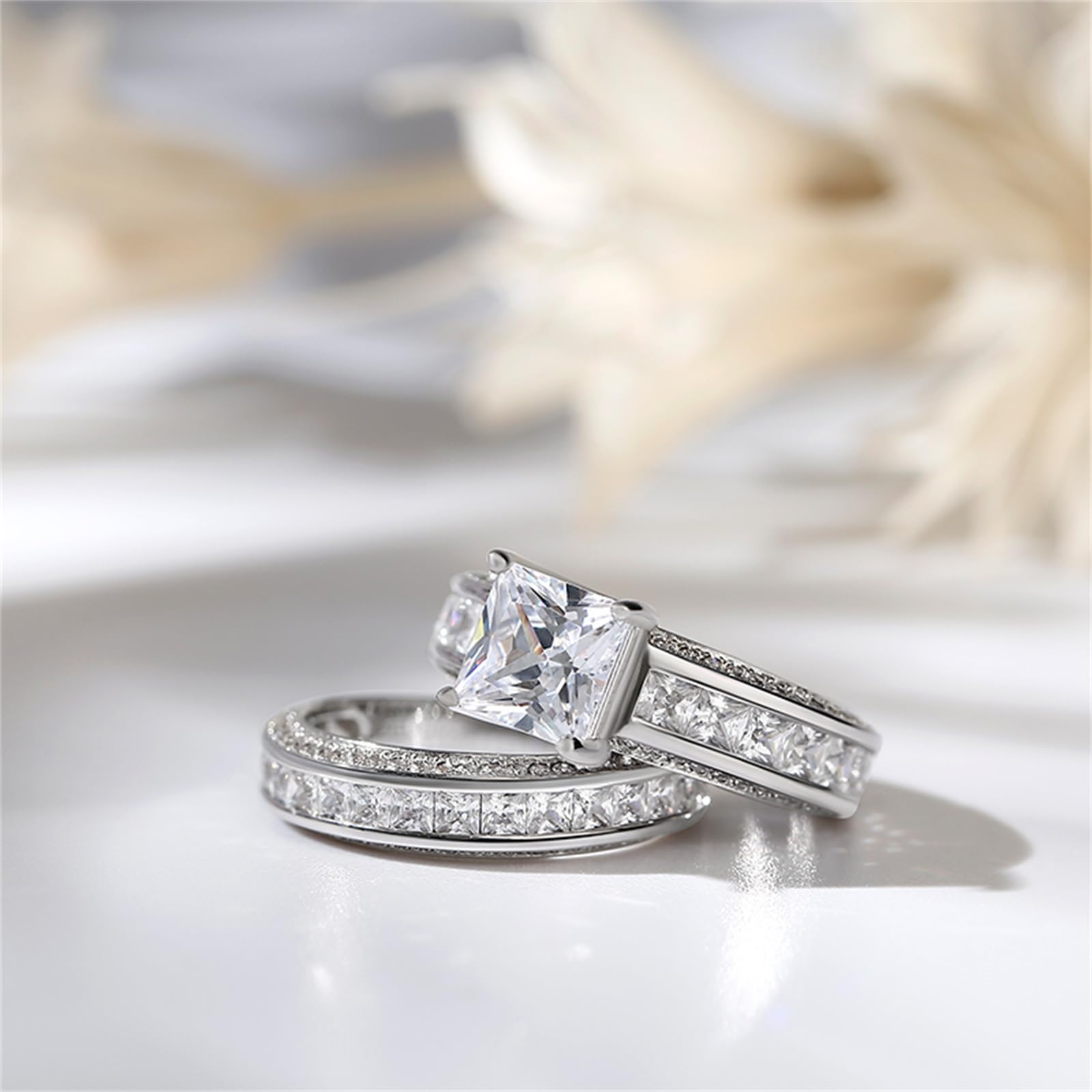 Jeulia Damen Sterling Silber Ringe Set Prinzess-Schliff 4-Prong Diamant Ringe Set Schmuck für Braut Hochzeit Band Verlobungsring Trauring Ehering