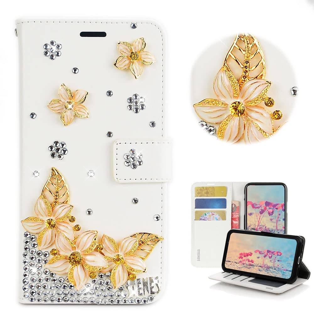 STENES Bling Wallet Phone Case Compatible with LG K52 6.6 inch 2020 Case - Stylish - 3D Handmade Golden Flowers Glitter Magnetic Wallet Stand Leather Cover Case - White