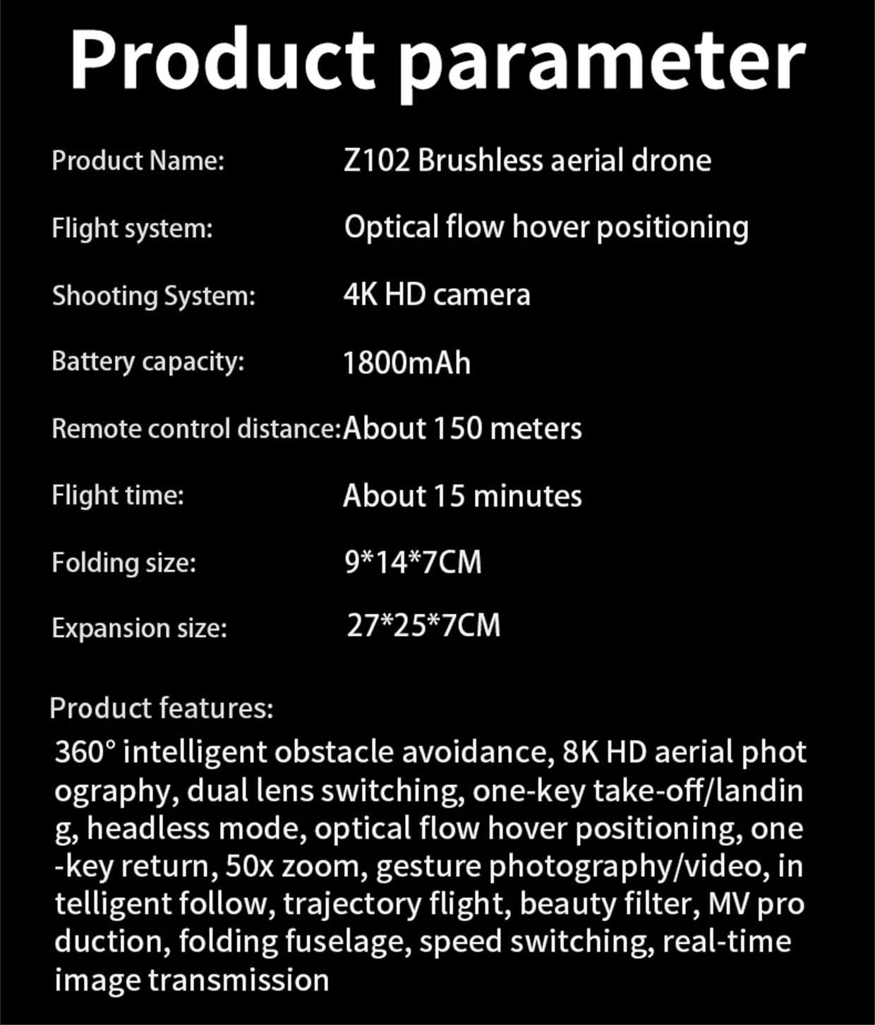 Z102 HD Dual Camera 4K Quadcopter FPV Motor sin escobillas 1800Mah Evitación de obstáculos Drone Toy,Gris