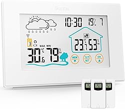 Quntis Radio Weather Station with 3 External Sensors, Digital Thermometer for Indoor and Outdoor Use, Multifunctional Weather Station with Time Display, Alarm and Weather Forecast - White
