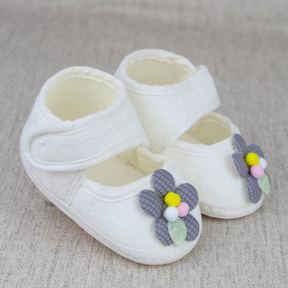 6 To 12 Months Baby Girls Cotton Plain Flower Belly Sandal White & Grey Booties-BT5327-image-5