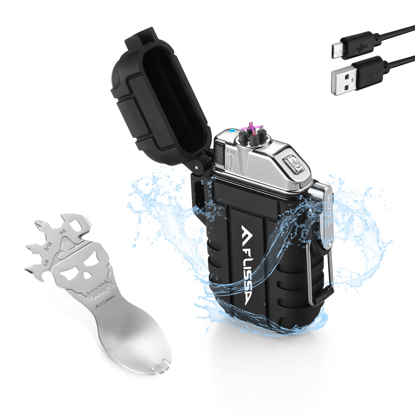 FLISSAOutdoor Windproof Lighter Dual Arc Electric Lighters with Multifunction Spoon, Waterproof, USB Rechargeable, Flameless, Plasma Cool Lighters for Camping, Adventure,Survival Tactical Gear
