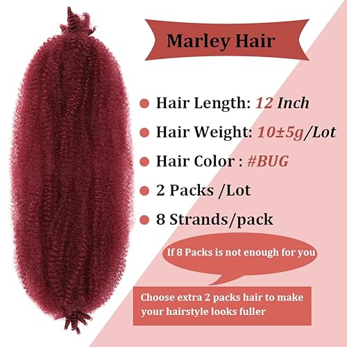 Miniatura 2 de Cabello trenzado burdeos preestirado, 2 paquetes de cabello trenzado rojo Marley Twist preesponjado para rastas sintéticas de ganchillo de 12