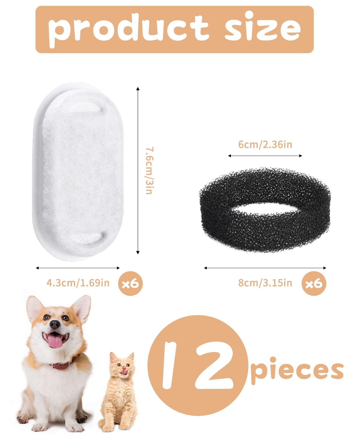 Zawaer Filtri Fontanella per Gatti, 12 PCS Filtri Fontana Gatto, 6 Filtro A Carbone E 6 Spugna in Schiuma, Filtro di Ricambio per Fontana per Gatti E Cani, con Filtro A Carbone E Filtro in Schiuma.