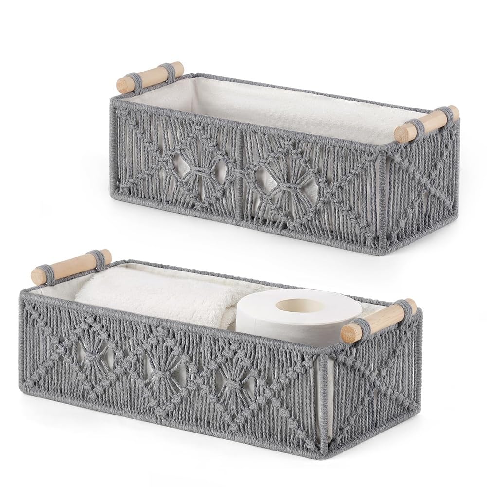 CTRLZS Handmade Woven Macrame Storage Baskets Set of 2 Boho Decor Countertop Toilet Tank Shelf Cabinet Organizer Box Grey