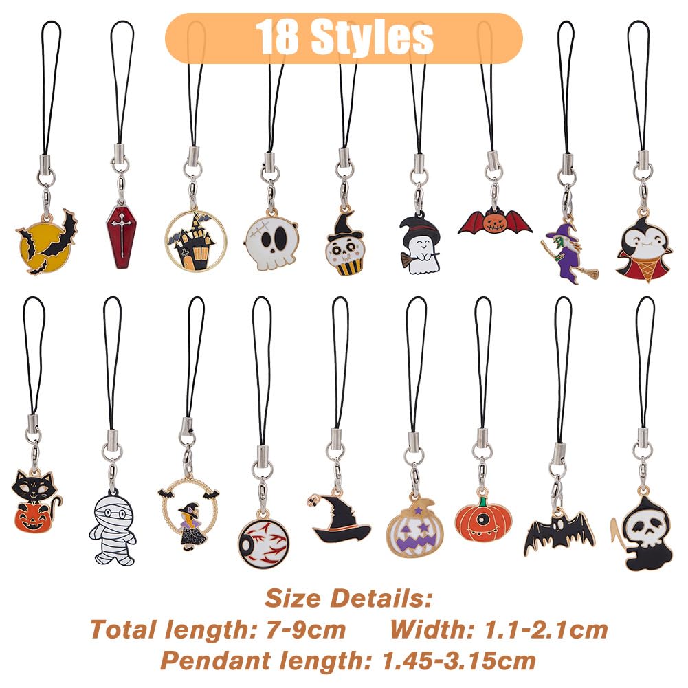 SUPERFINDINGS 18pcs Halloween Theme Cell Phone Straps with Nylon Cord Loop 7~9cm Ghost Pumpkin Witch Fashion Phone Lanyard Strap Phone Chain Strap