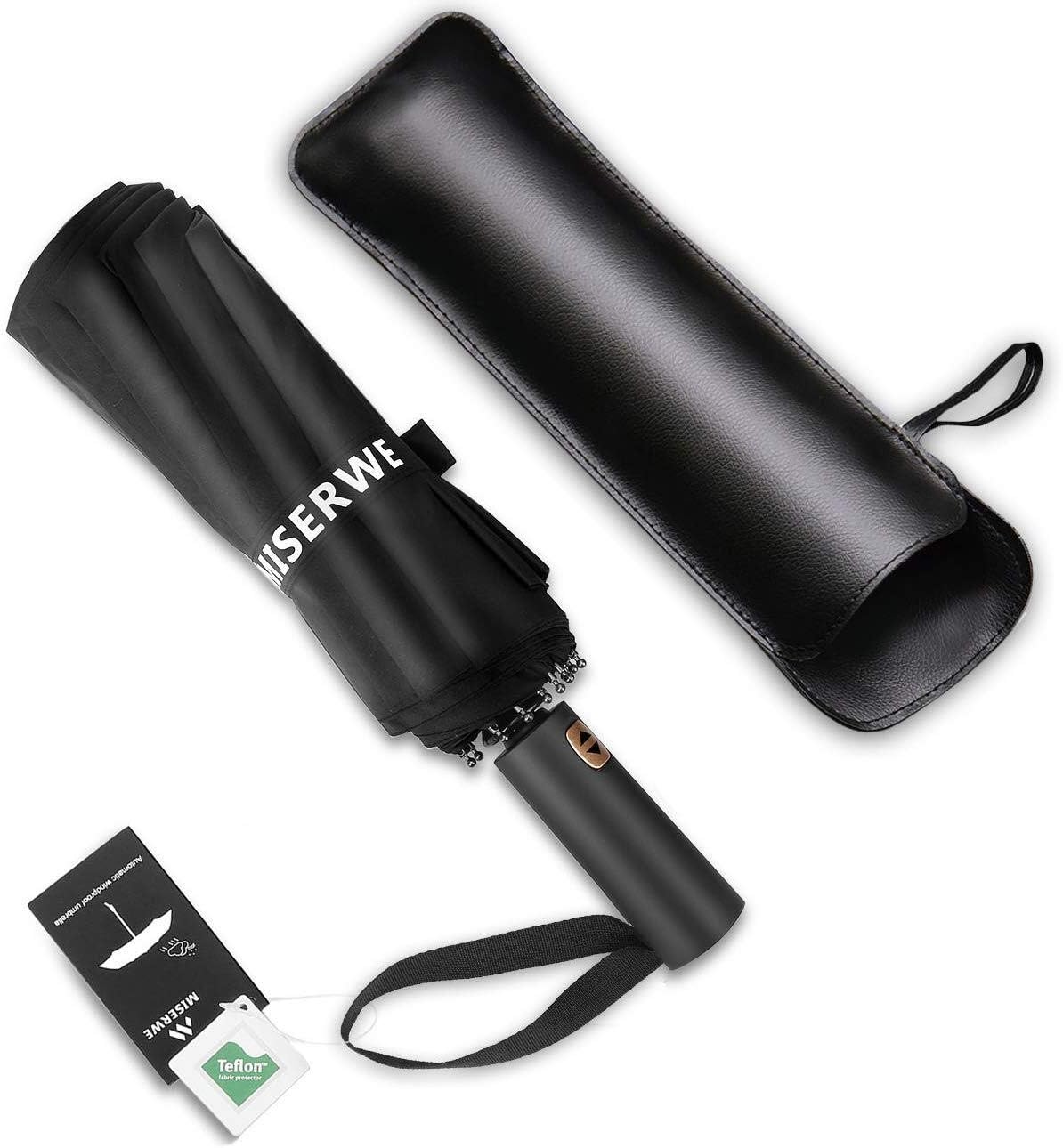 MISERWE Umbrella 12 Ribs Auto Windproof Folding Travel Umbrella Lightweight Golf Umbrella with Windproof Reinforced Frame Fast Drying Compact Travel Umbrella with Slip-Proof Handle and Leather Bag