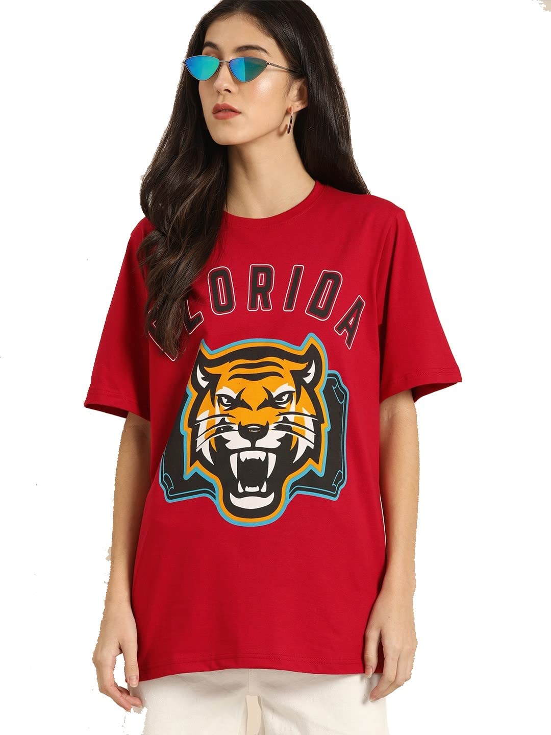 DillingerWomen Red Printed Round Neck Longline Oversized Pure Cotton T-Shirt