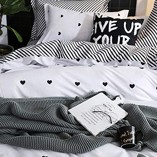 Image of Omelas Kids Heart Love Twin Duvet Cover Set Black and White Teens Girls Lovely Heart-Shaped Pattern Striped Reversible Bedding Soft Breathable Quality Brushed Microfiber (3 Pcs,XD,T)