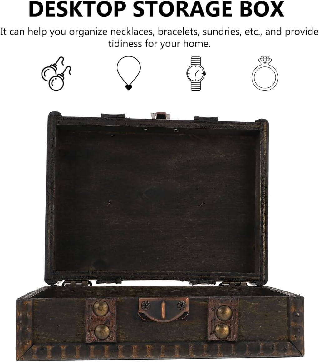 Veemoon Wooden Treasure Chest Box with Lock, Retro Pirate Jewelry Box Antique Cosmetic Storage Case Portable Chest with Hinged Lid Lock for Jewelry Cosmetic Photography Party Decoration (6 * 4.6")