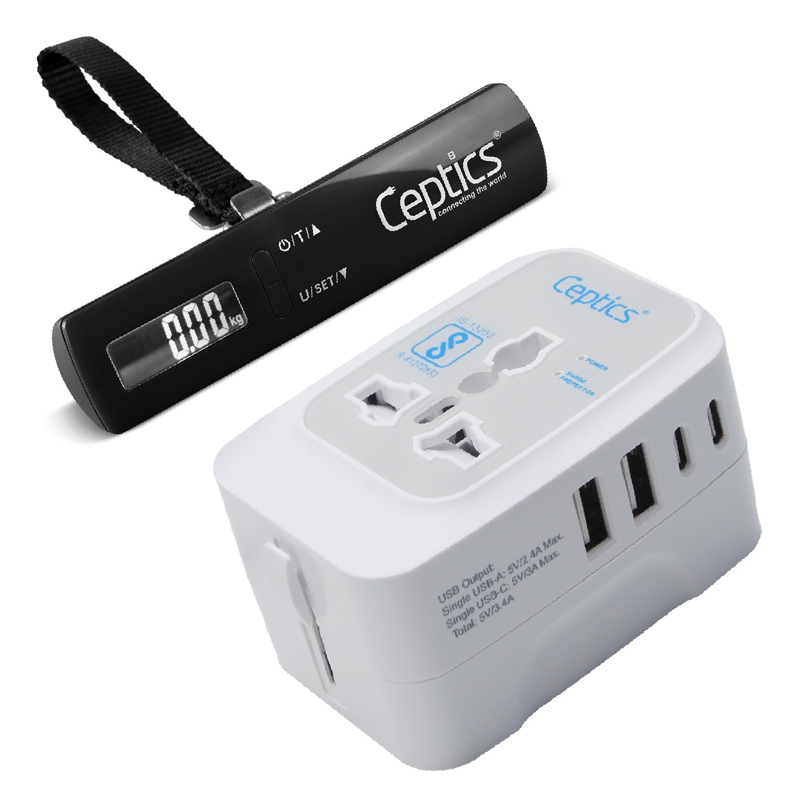 Ceptics Universal Travel Adapter with Type C 2 USB, 2 USB-C 3.4A, Weight Machine for Luggage with Capacity up to 50 Kg, Luggage Scale for Bags, Home, Shop – Black-image-23