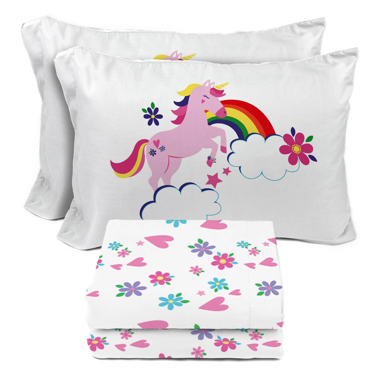 Sunny Side Up Rainbow Unicorns Full Sheet Set - 4 Piece Kids Bedding Set Includes Pillow Cover - Super Soft Floral Hearts Microfiber Sheets