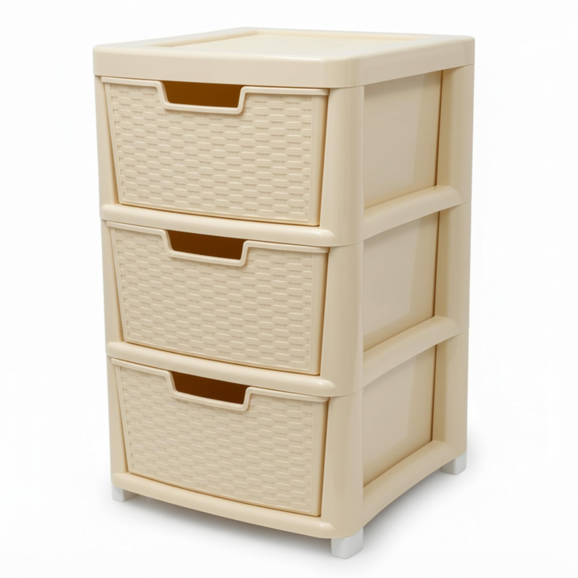 ZYORA 3 Tier Large Cream Rattan Effect Drawer - Plastic Durable Stylish with Smooth Pull Drawers - Multipurpose Storage Unit Cabinet Organizer for Home Office, Bedroom, Bathroom, Garage — image 1