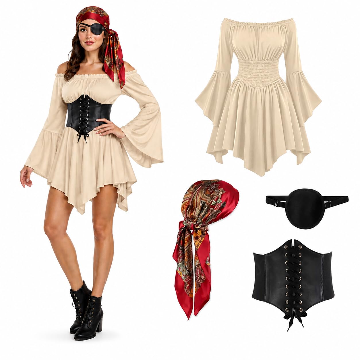 Pirate Costume Women, 4Pcs Pirate Role Play Outfit Kit with Off Shoulder Dress Eye Patch Waistband Headscarf for Adult Halloween Medieval Viking Costume Cosplay Party Stage Performance