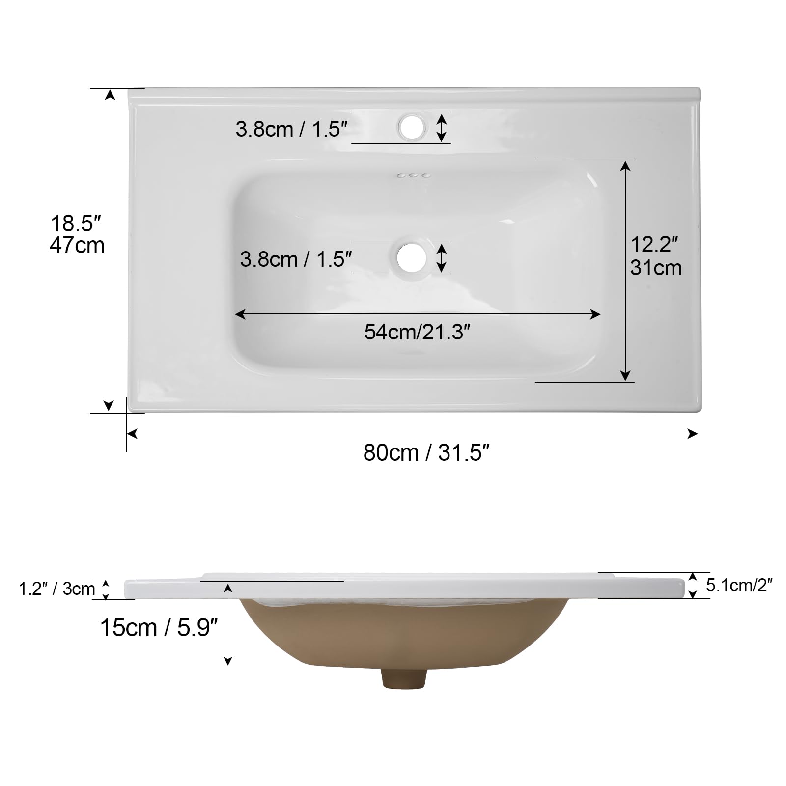 Lavabo empotrable de cerámica de 80 cm con orificio para grifo, rebosadero, uso para baño