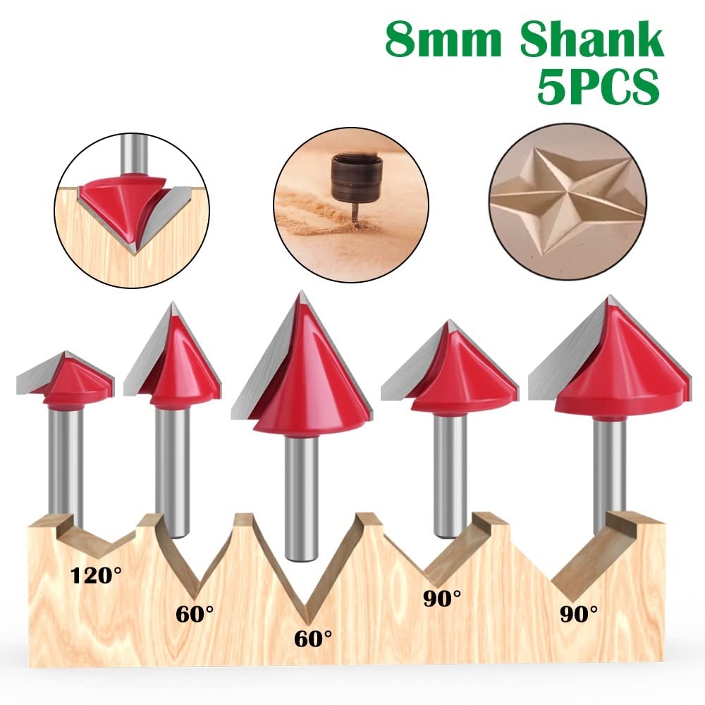 5 Sztuk 8mm Shank 60 90 120 V Typ Frez Do Rowków Rzeźba Rowkowanie Zestaw Bitów Routera Bezpieczne Frezy