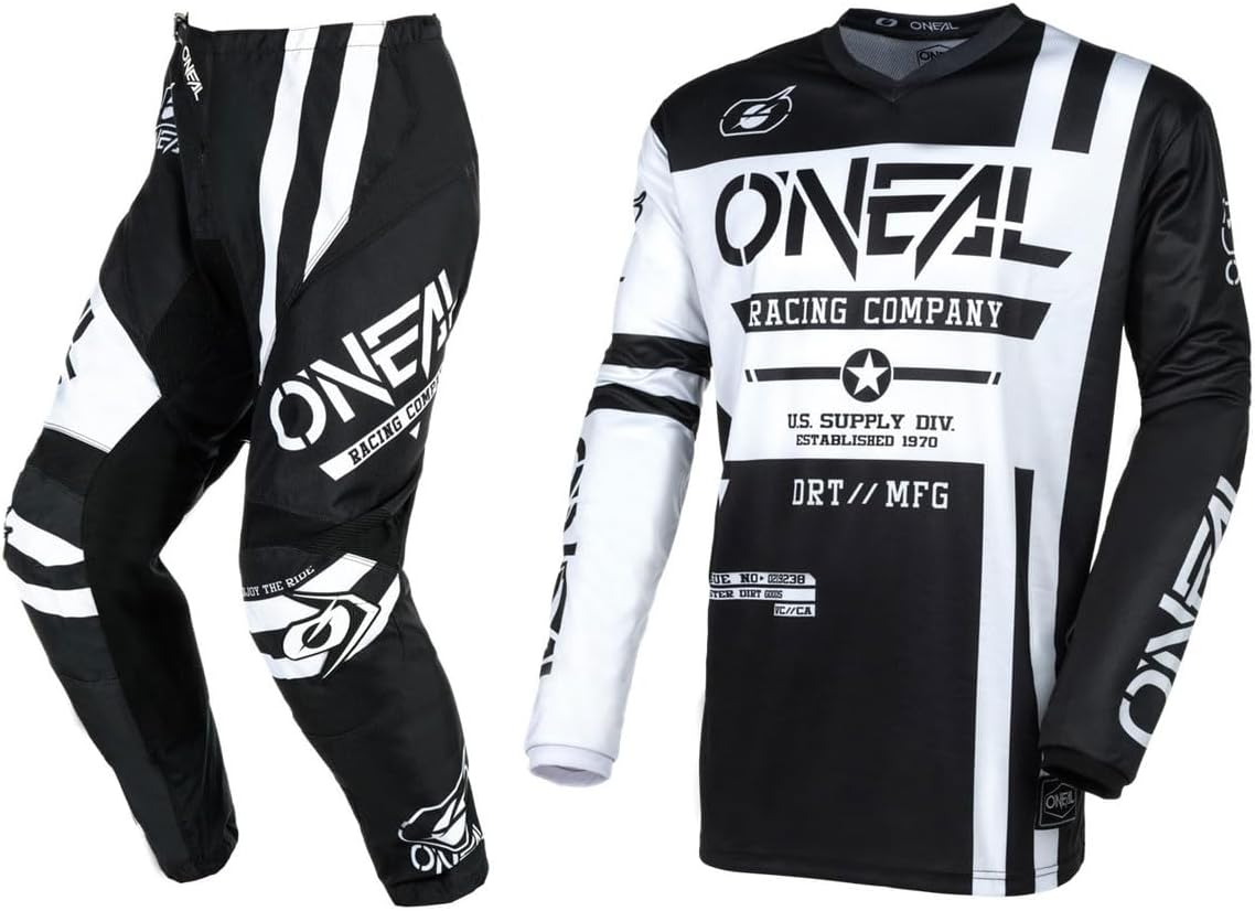 O'Neal 2025 Element Warhawk Jersey Adult Motocross Offroad Gear Combo (Black/White,Large/34)