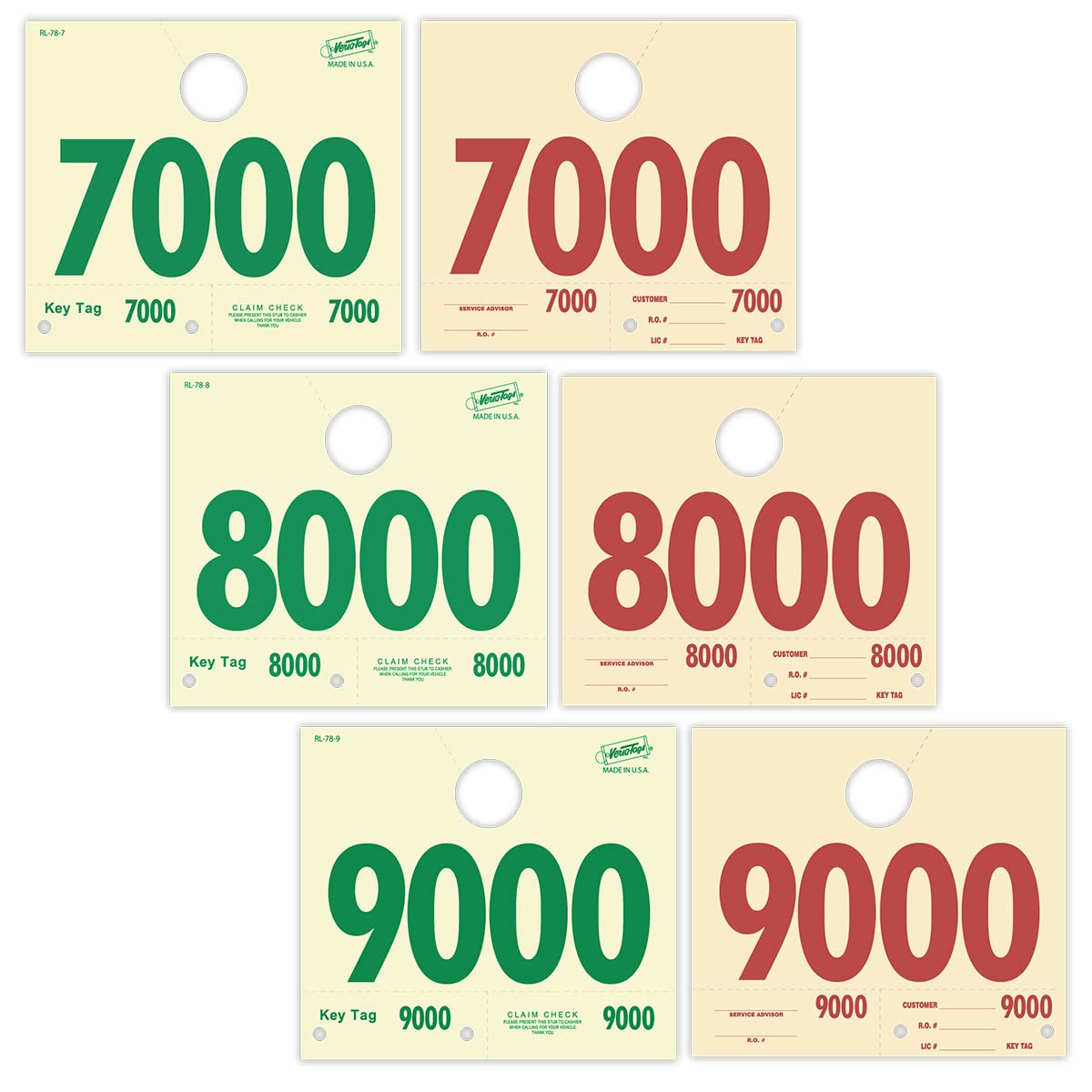 3000 Automotive Service Dispatch Numbers Mirror Hang Tags Numbered 7000, 8000, 9000 RL78 Style Red Green Service Dispatch Numbers Manilla Card Stock