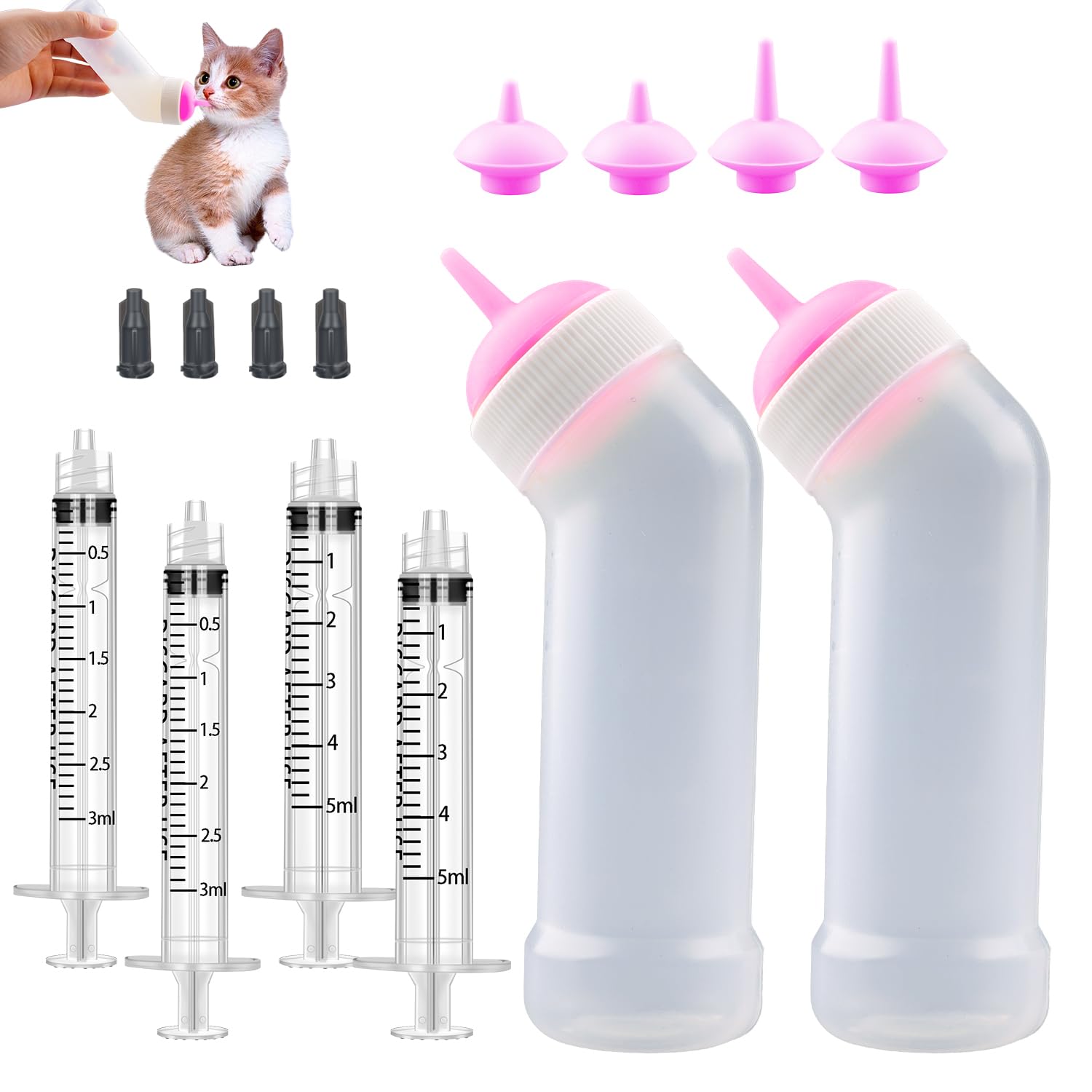 Guxetans Kitten Nursing Nipple with Syringe, Wide Mouth Angled Puppy Feeding Bottles, with Ventilation Valve Resistant Tearing for Puppies, Kittens, Rabbit, Small Wildlife, Pack of 14 Pink