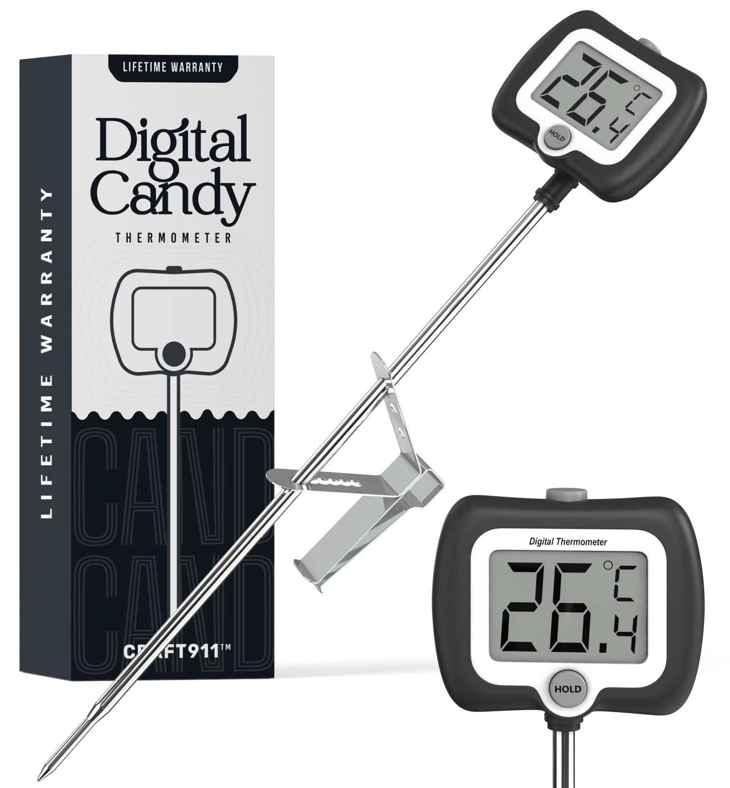 Digital Candy Thermometer with Pot Clip, Instant Read Kitchen Thermometer for Cooking, Baking, and Candy Making – 10" Stainless Steel Probe, LCD Display, Essential Baking Tool (Black)