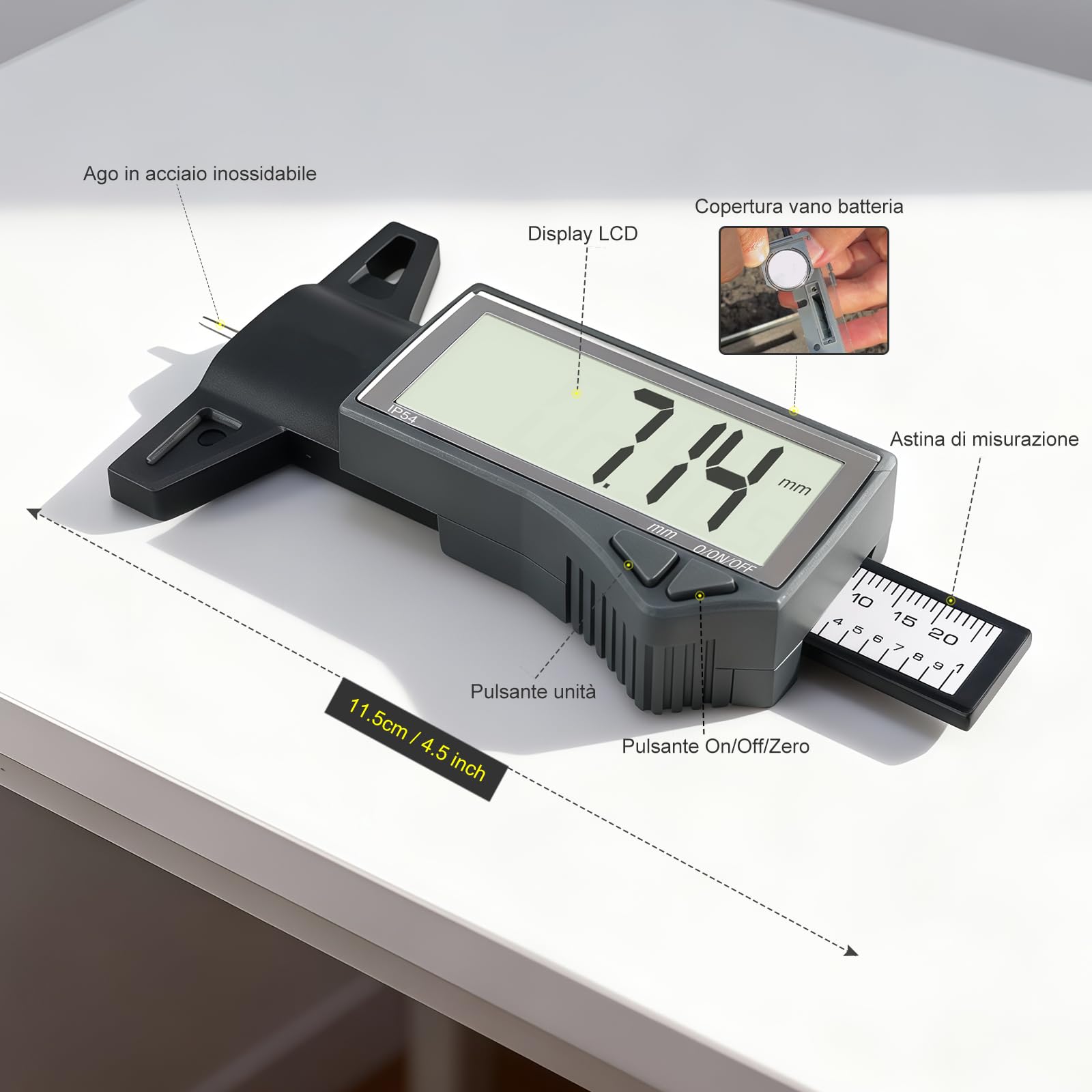 GODESON Spessimetro per Pneumatici Digitale, Intervallo 0-25,4mm/1 Pollici, Impermeabile IP54 Misuratore di Profondità con Ampio Display LCD, per Auto, Moto e Vans