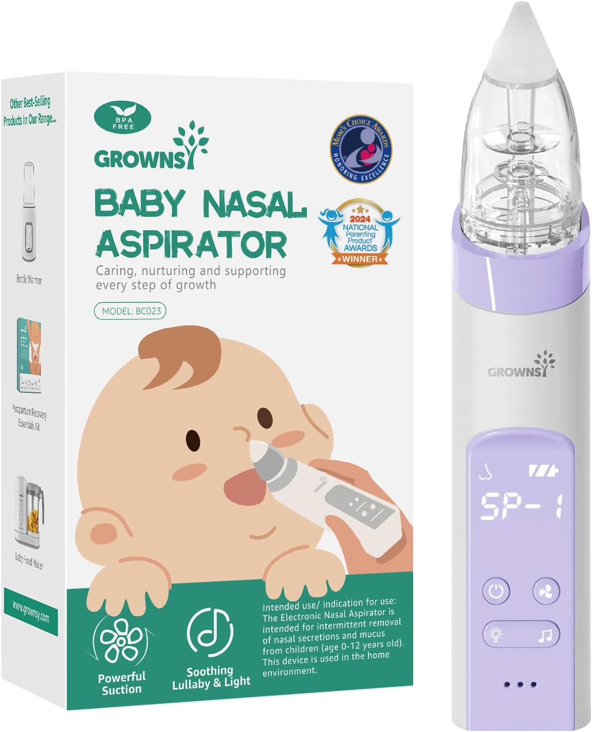 GROWNSY Nasal Aspirator for Baby, Electric Baby Nose Sucker, Automatic Nose Cleaner with 3 Silicone Tips, Adjustable Suction Level, Music and Light Soothing Function, Purple