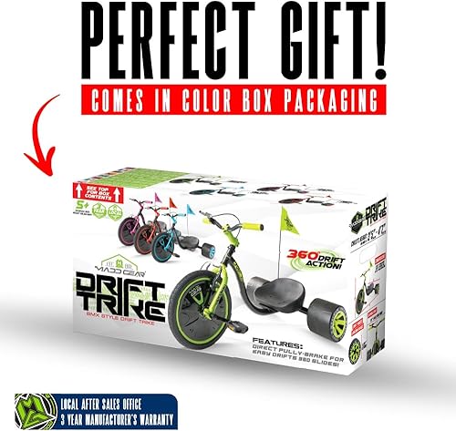 Miniatura 7 de Triciclo Drift para niños de 5 años en adelante, rueda delantera de 16 pulgadas con asiento ajustable, marco de acero, ruedas traseras resbaladizas