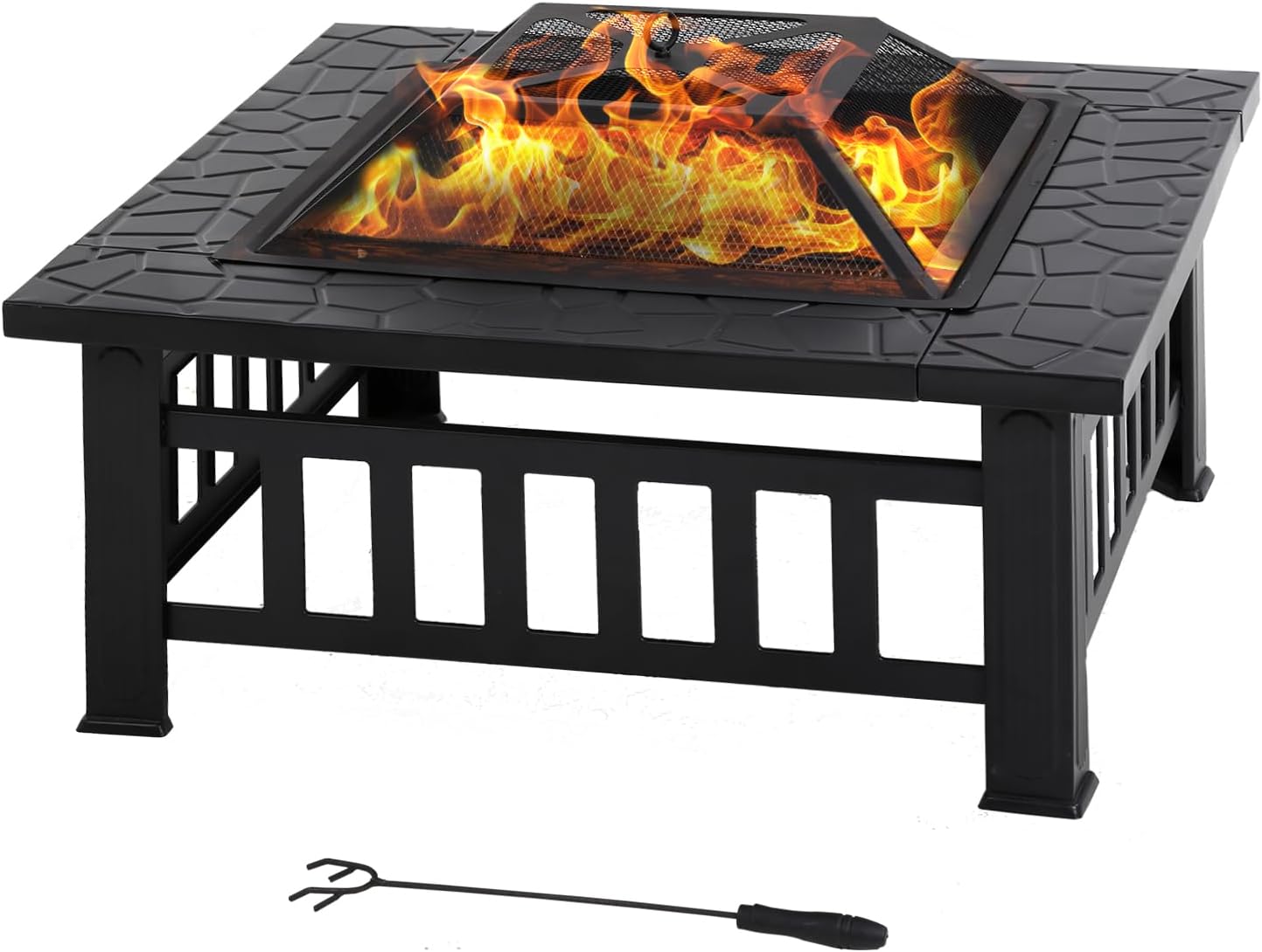 Outdoor Fire Pit 32 Inch Square Metal Firepit Mutltifunctional Fire Pit with Mesh Cover Poker for Outside Backyard Gathering Camping Bonfire, Fireplace for Outdoor Heating Patio Garden