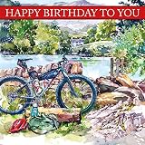 Exploring/Mountainbike Happy Birthday Karte Aquarellbild und Goldfolien-Details