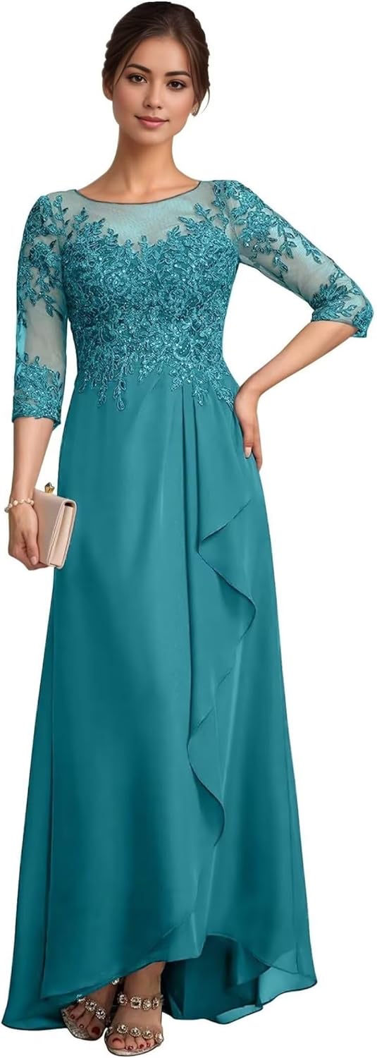 Chiffon Mother of The Bride Formal Gown 3/4 Sleeve Lace Applique Hi-Lo Ruffle Maxi Evening Dress for Wedding Guest