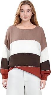 Women's Sweaters Casual Long Sleeve Crewneck Color Block Patchwork Pullo...