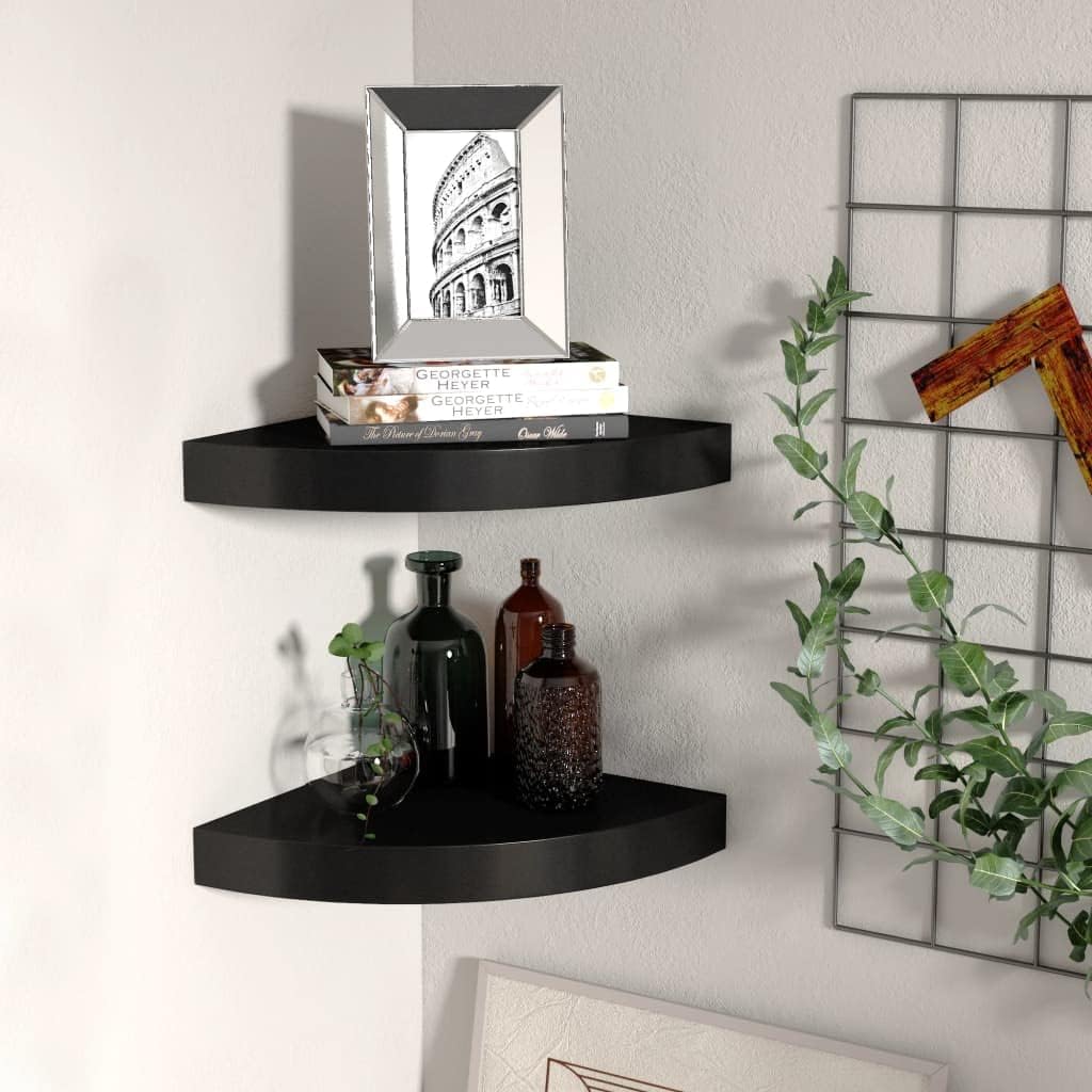 Floating Corner Shelf Invisible Wall Mounted Shelves, Set of 2 MDF Floating Corner Storage Shelves Ideal for Display of Books, Small Plant, Photos, 9.8"x9.8"x1.5" Black