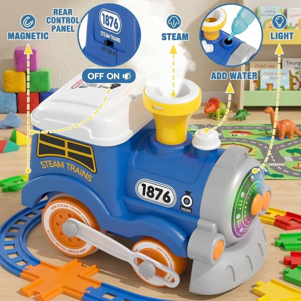 TOPLIVING Train Set for Toddlers with Steam - Light Up & Sound Choo Choo Train, Electric Train Set for Toddlers 2-4, Magnetic Connection Train Toys, Christmas Birthday Gifts for Boys Girls
