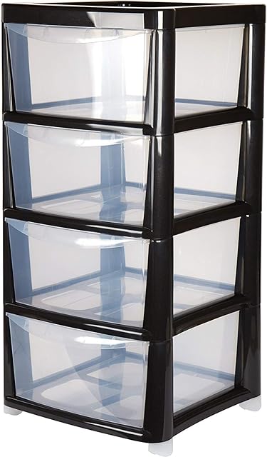 BLACK 4 Drawer Large Plastic Storage Drawer Tower Perfect for Schools, Offices and Children's Toys Storage Solution