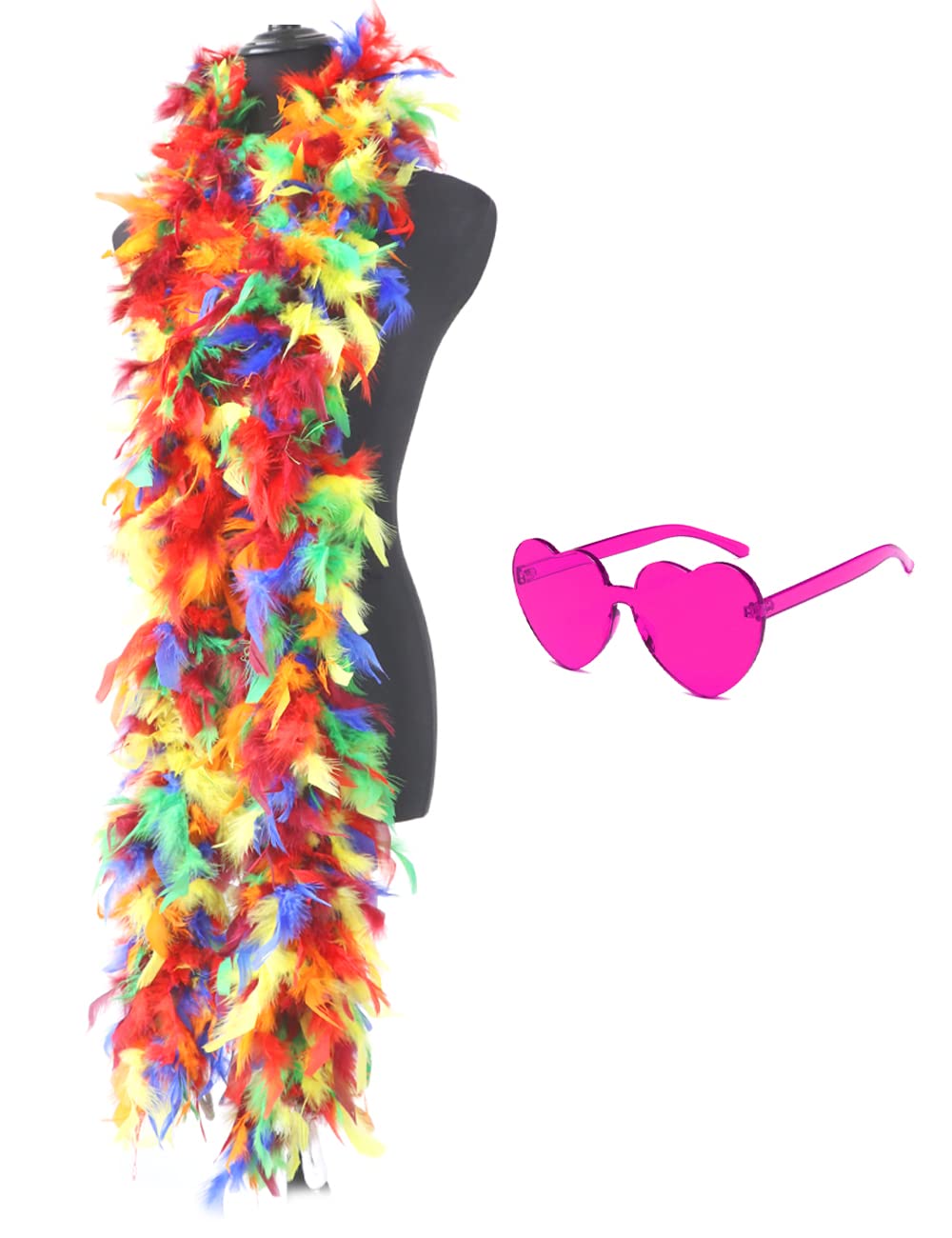 Colorful Feather Boas 45g, 6.6ft Feather Boa for Women for Dancing Wedding Party Halloween,with Heart Sunglasses