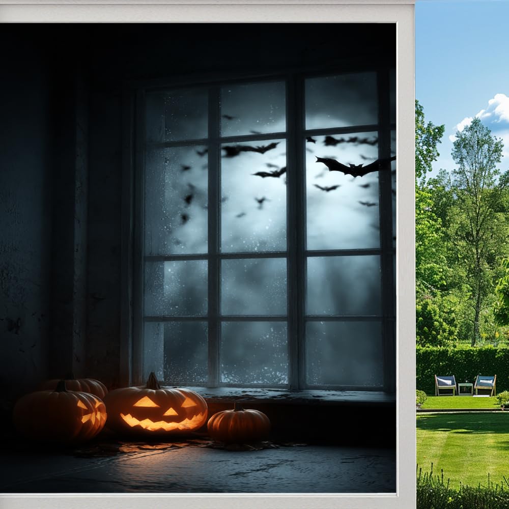 Pmlbaous Dark Gothic Halloween Frosted Window Film, Horror Window Scene Pumpkins Stained Glass Privacy Film, Heat Insulation Self-Adhesive Vinyl For Bathroom Office, （45X60cm）