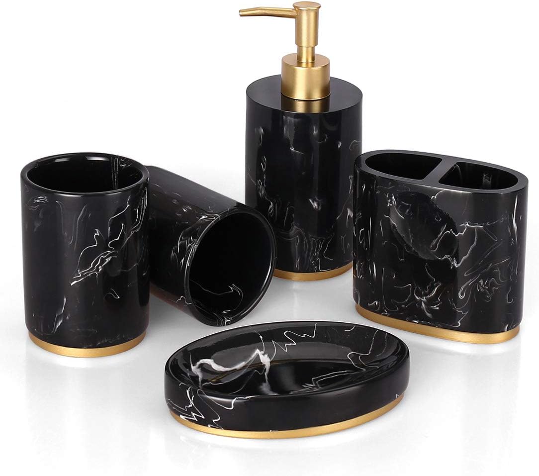 Haturi Bathroom Accessories Set, 5 Pcs Marble Look Bathroom Sets for Counter Top Restroom Apartment Decor Stuff, Imitated Resin Kits, Gift for Women and Men-Ink Black Gold
