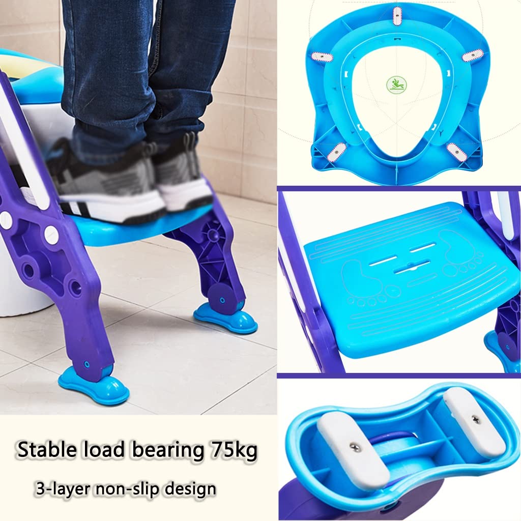Asiento De Inodoro con Escalera Plegable Ajustable Reductor WC con Escalera con Cojín De Asiento De PU, Seguro Y Estable Adaptador para Inodoro para Niños Y Niñas, Cargar Los Portes 75kg