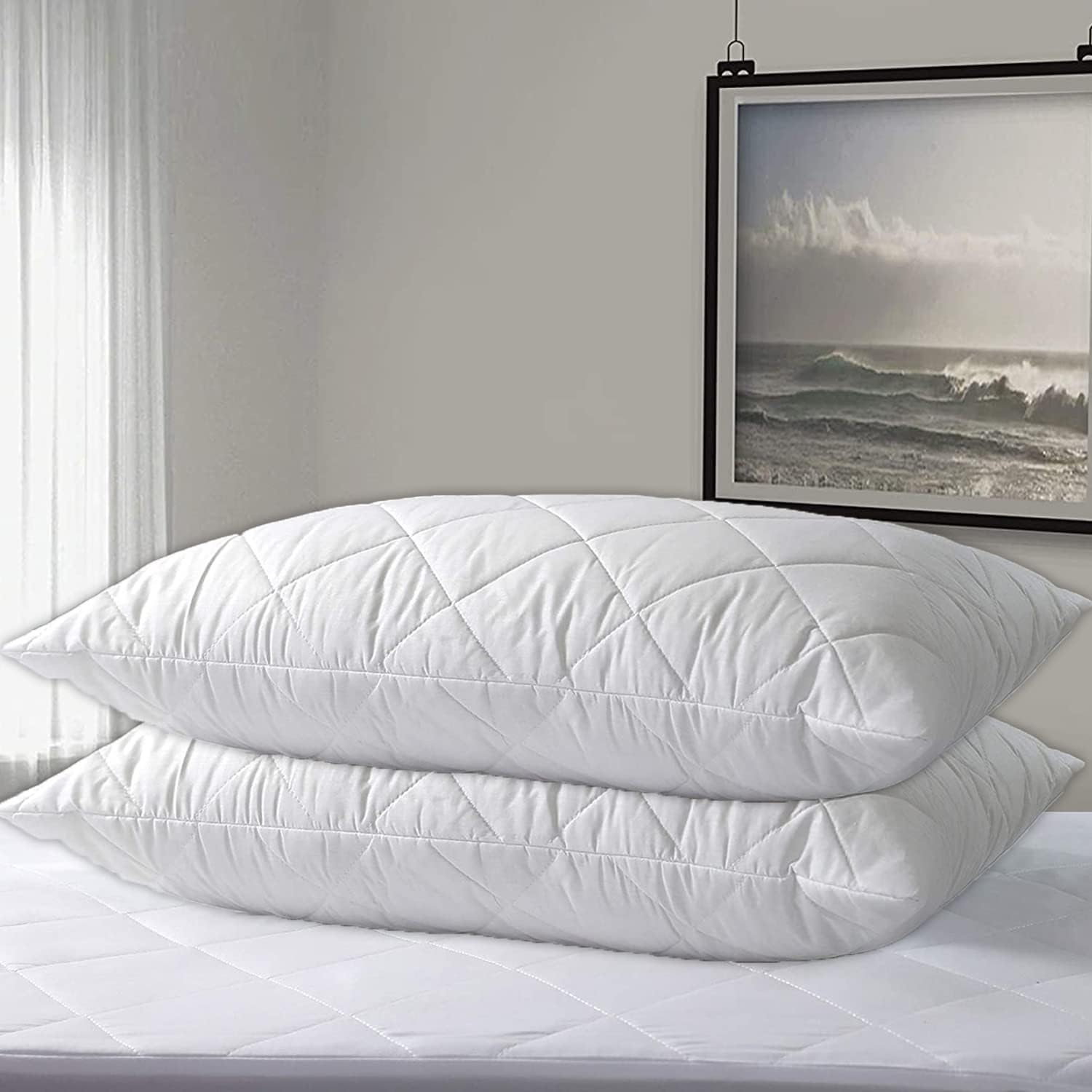 Storex White Hotel Quality With Quilted Cover Premium Filled Pillows For Side Stomach And Back Sleeper Down Alternative Bed Pillow Soft Hollow Fiber Hotel Pillows (48 X 74 Cm) (Pack Of 2)